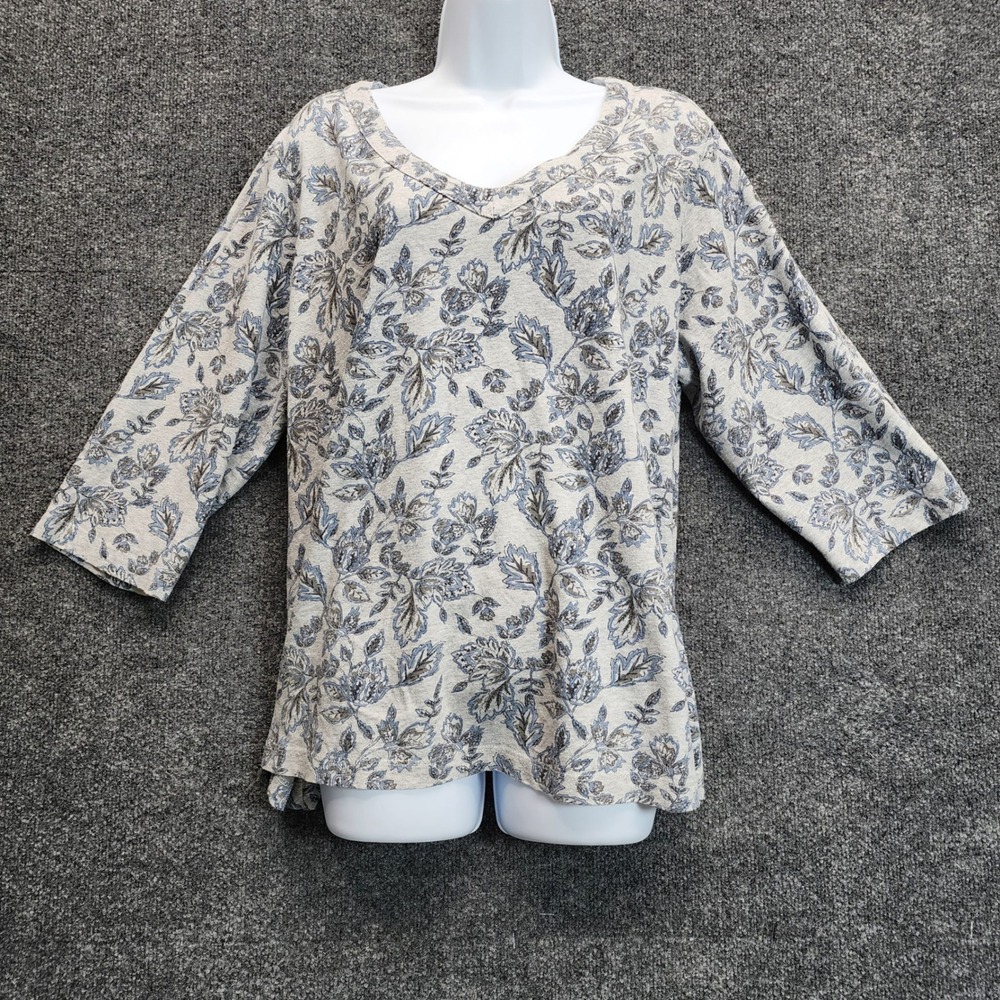Pure Jill Womens Organic Cotton Botanical Floral Relaxed V-Neck Knit Top XL